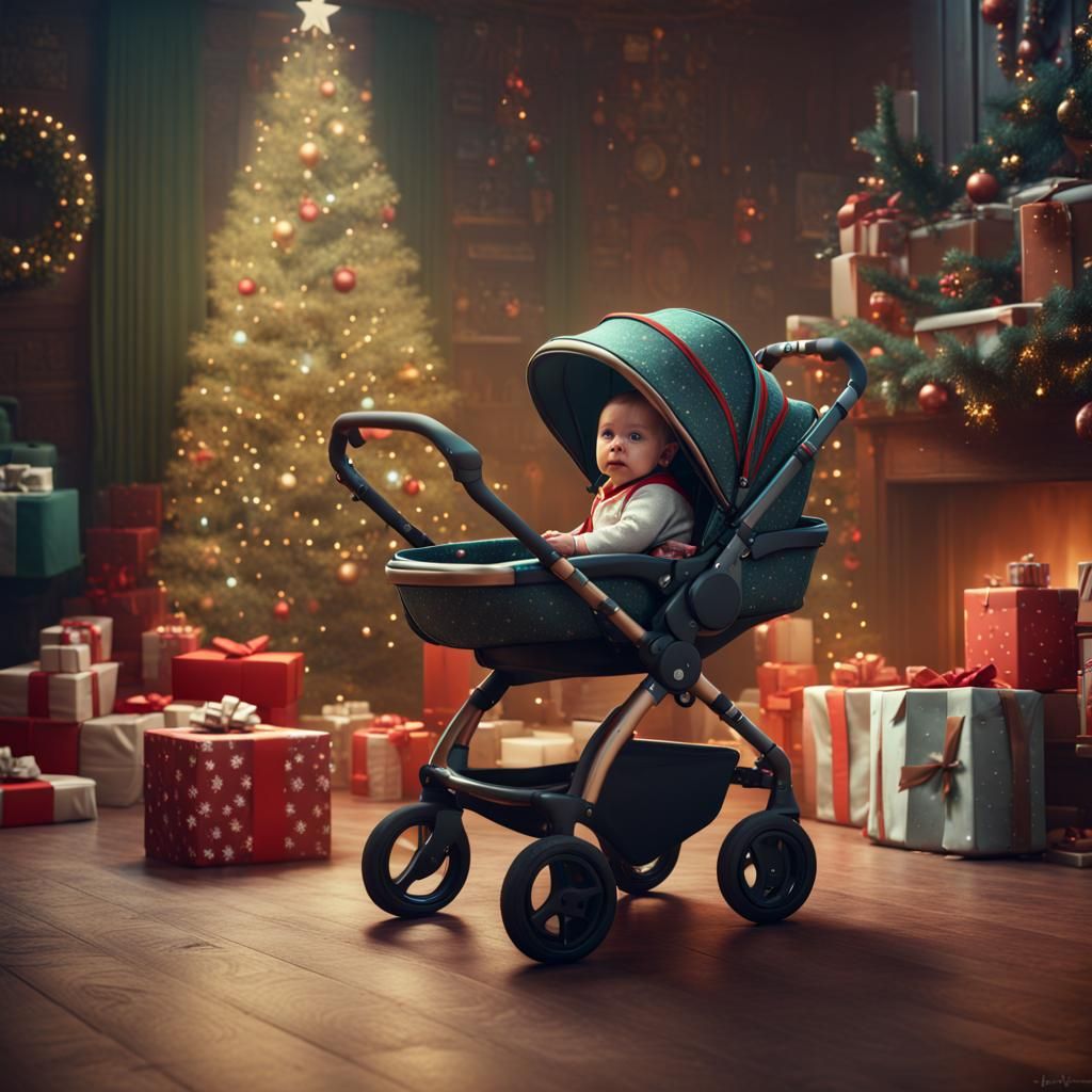 Baby in Stroller by Christmas Tree: Matte Painting