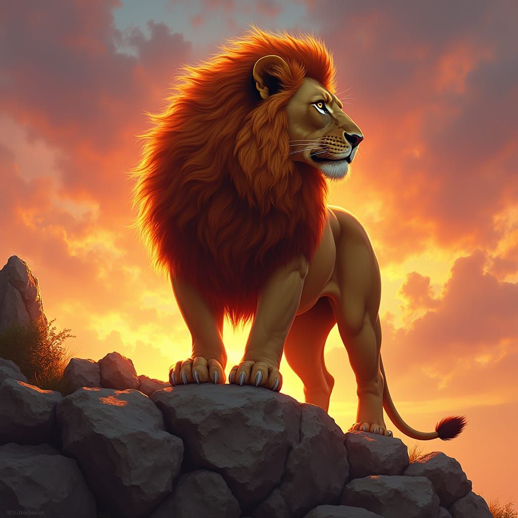 Majestic Lion with Fiery Mane at Sunset