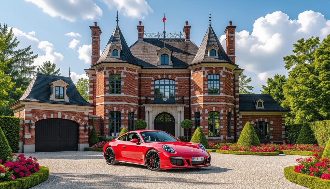 Victorian Chateau with Red Porsche 911 Carrera