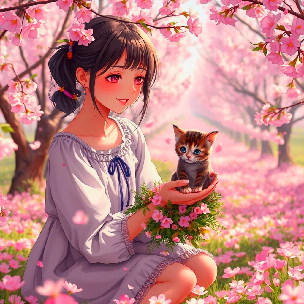 Girl and Kitten in Cherry Orchard: 3D Anime Art