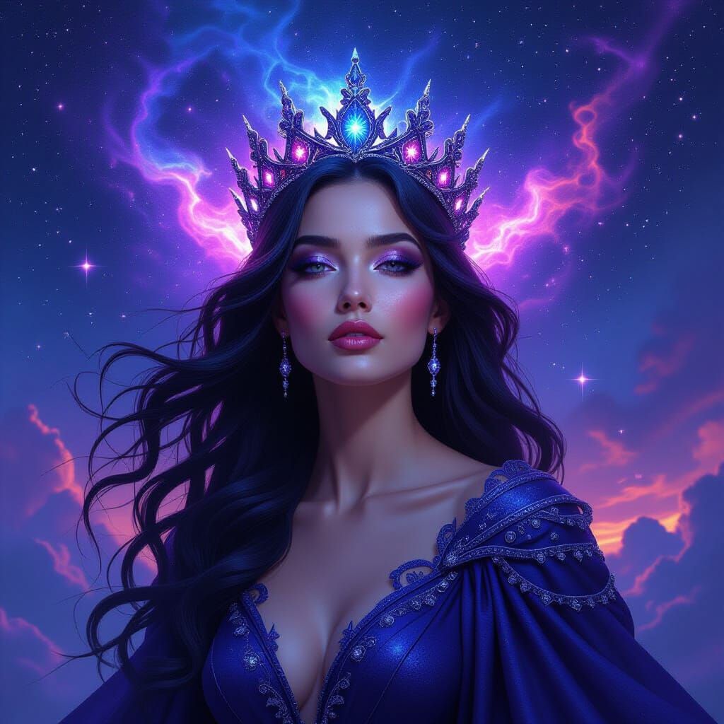 Celestial Queen with Nebula Crown in Cosmic Storm