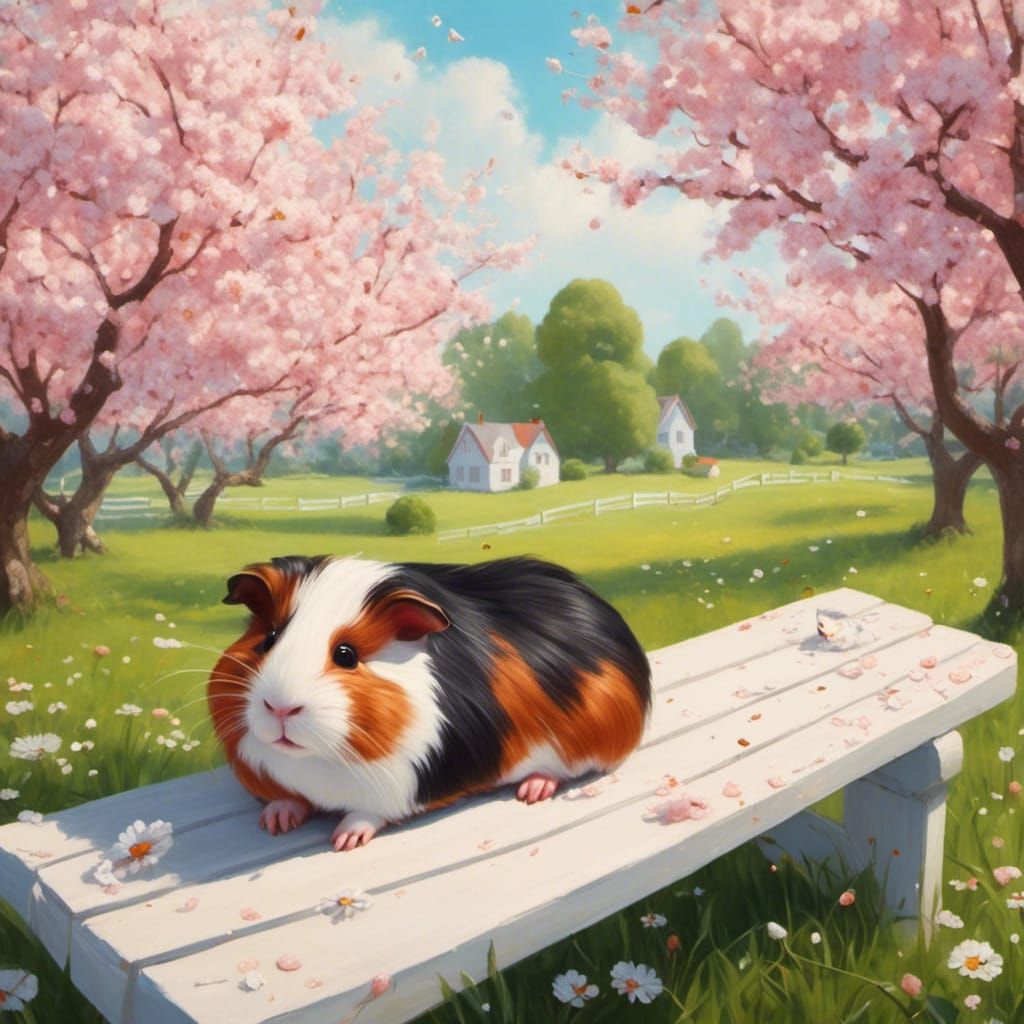 Pixar Guinea Pig in Spring Garden, Gouache Style