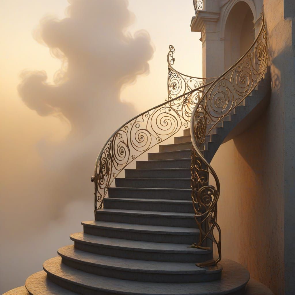 Surreal Staircase with Endless Spirals in Dreamlike Style