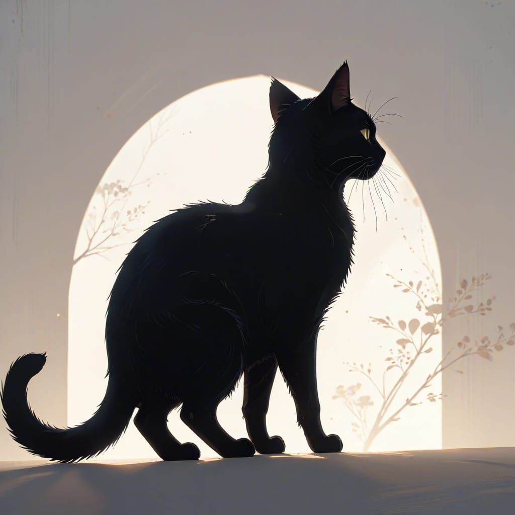 Elegant Black Cat Silhouette on White Canvas