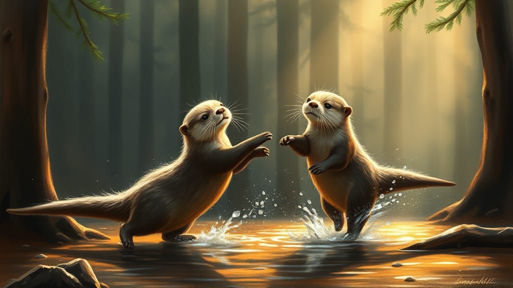 Playful Otters in Forest, Wildlife Illustration