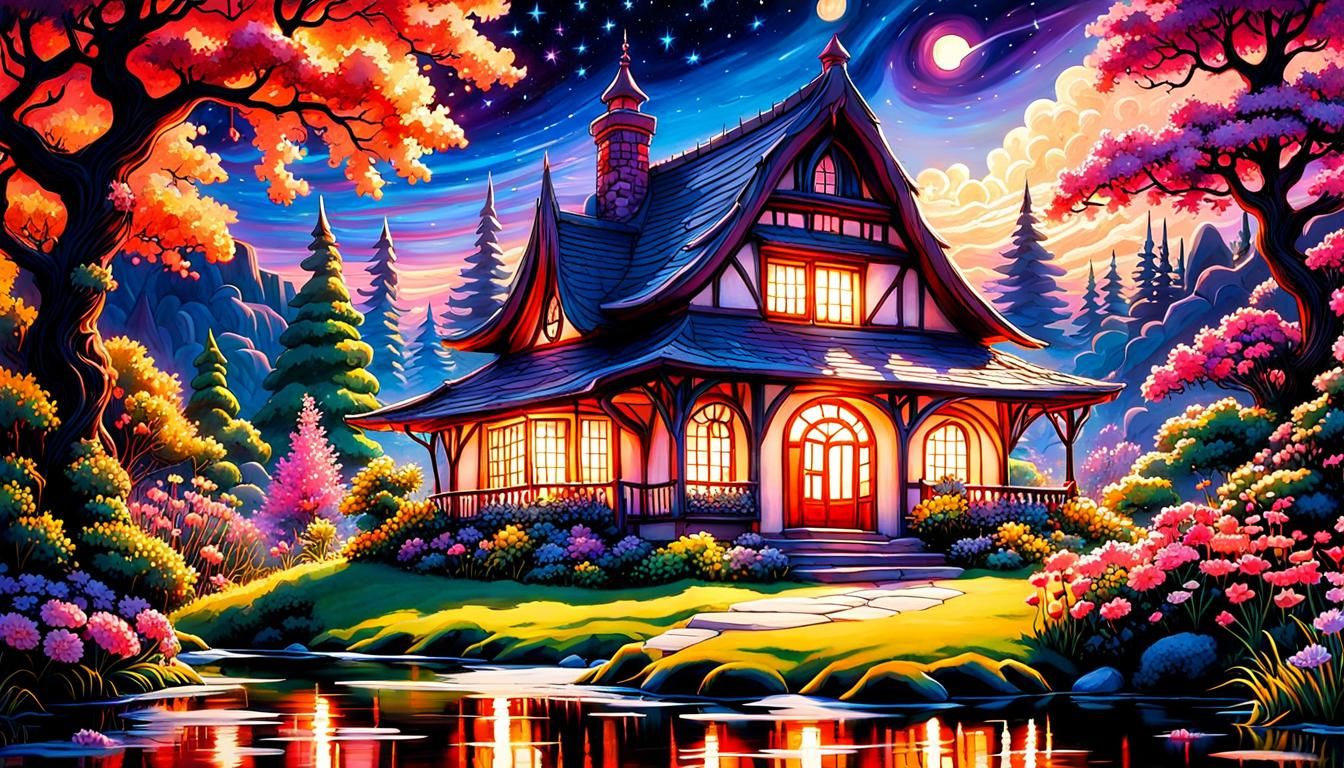 Starry Sunset Over Enchanted Cottage: Gouache Impressionism