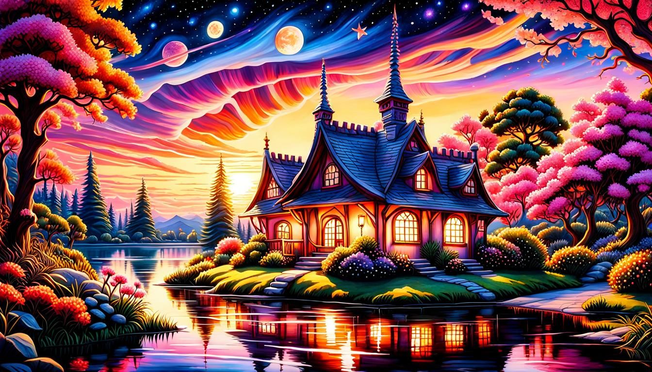 Starry Sunset Cottage: Gouache Style Impressionist Painting