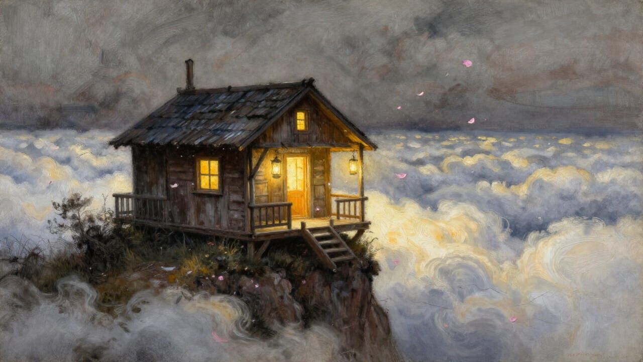 Dreamlike Cottage Above Clouds in Golden Light