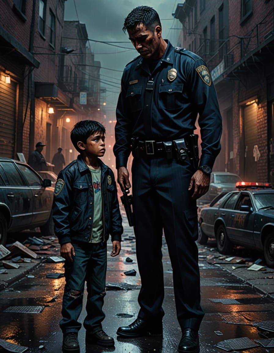 Intense Noir Scene: Officer and Boy in Grimy Oil Painting St...