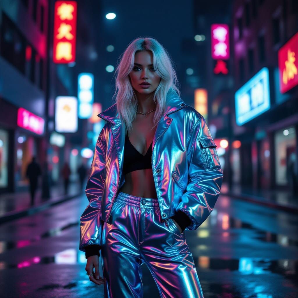 Cyberpunk Model in Iridescent Outfit on Rainy Street