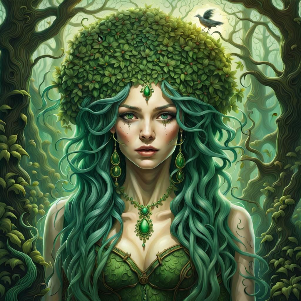 Nature Witch in Mystical Forest, Ethereal 3D Render