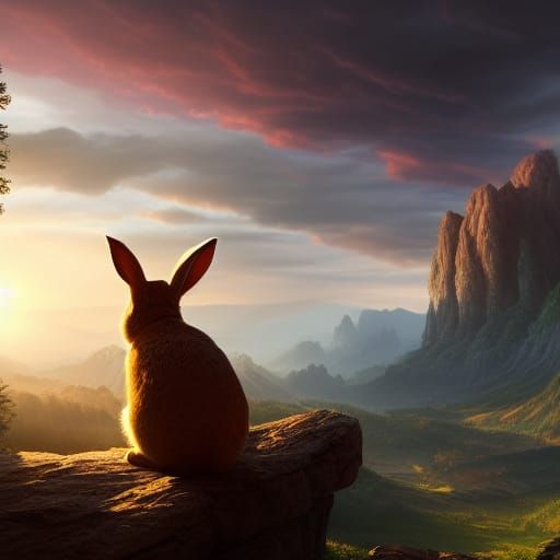 Sunrise Valley View with Bunny, Detailed Matte Painting