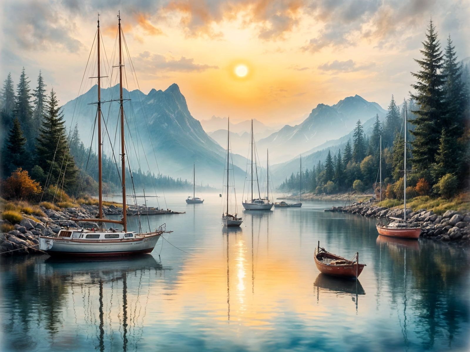 Tranquil Morning Scene Over Puget Sound in Antique Watercolo...