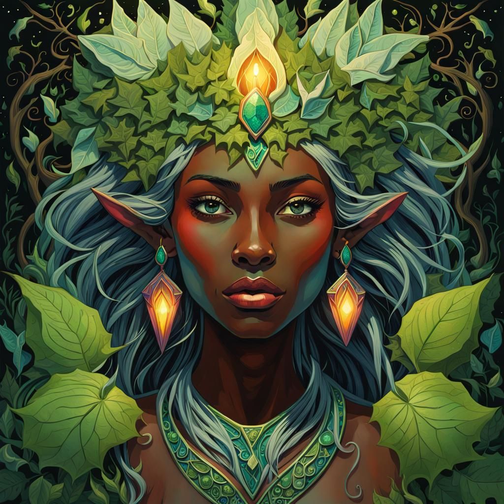 Furious Elf Witch in Bioluminescent Forest