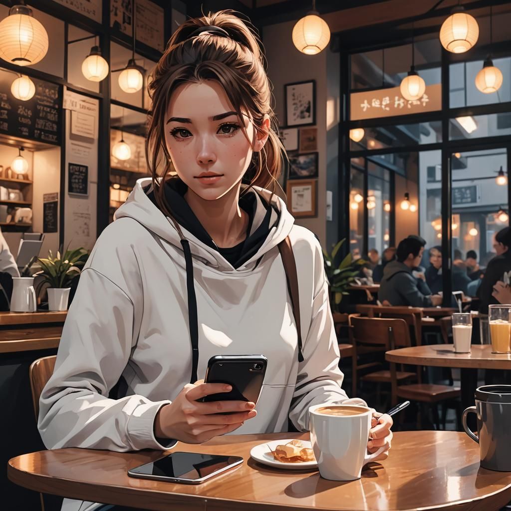 Anime Girl in Cafe at Night Under Starry Sky