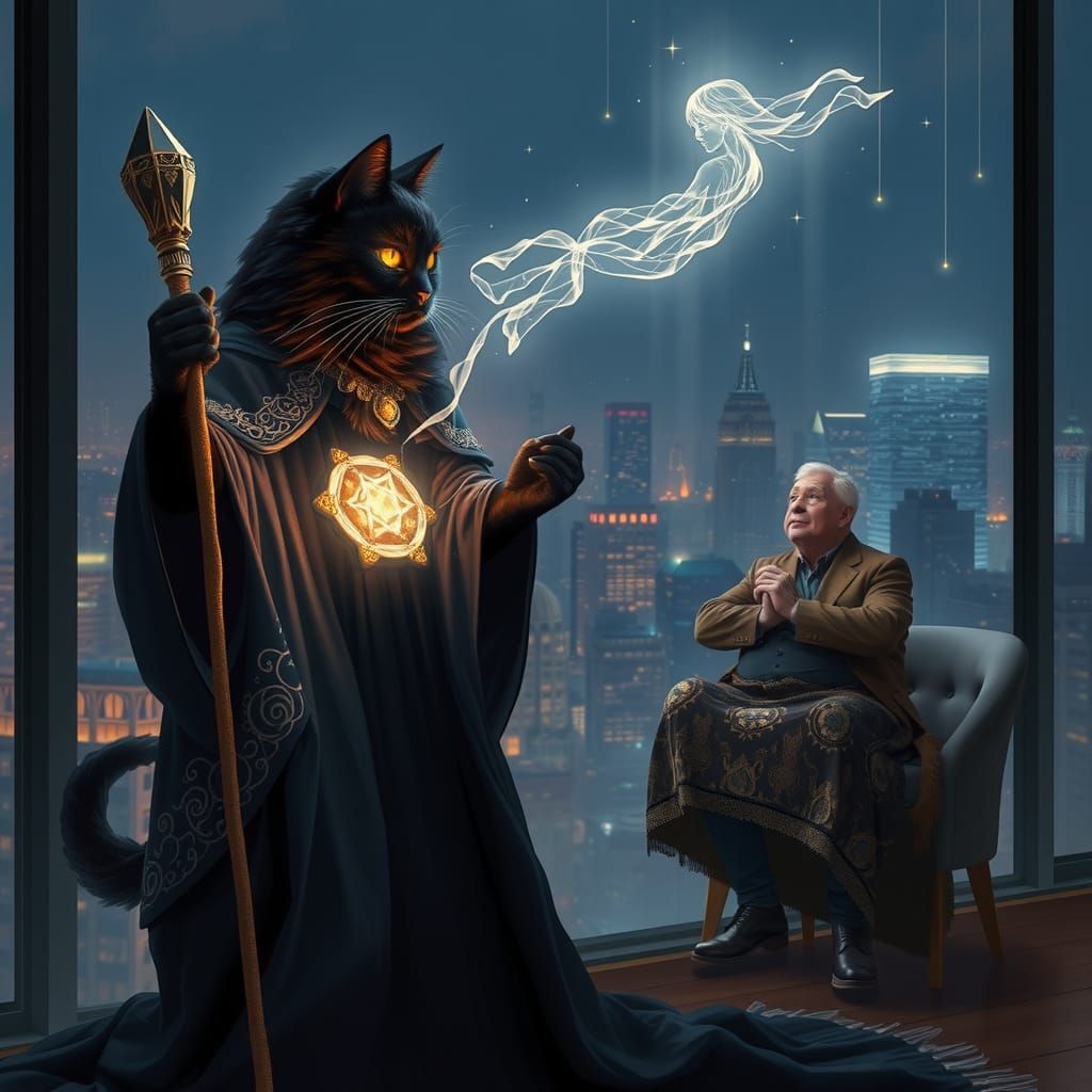 Mystical Cat Wizard Conjures Ghostly Woman