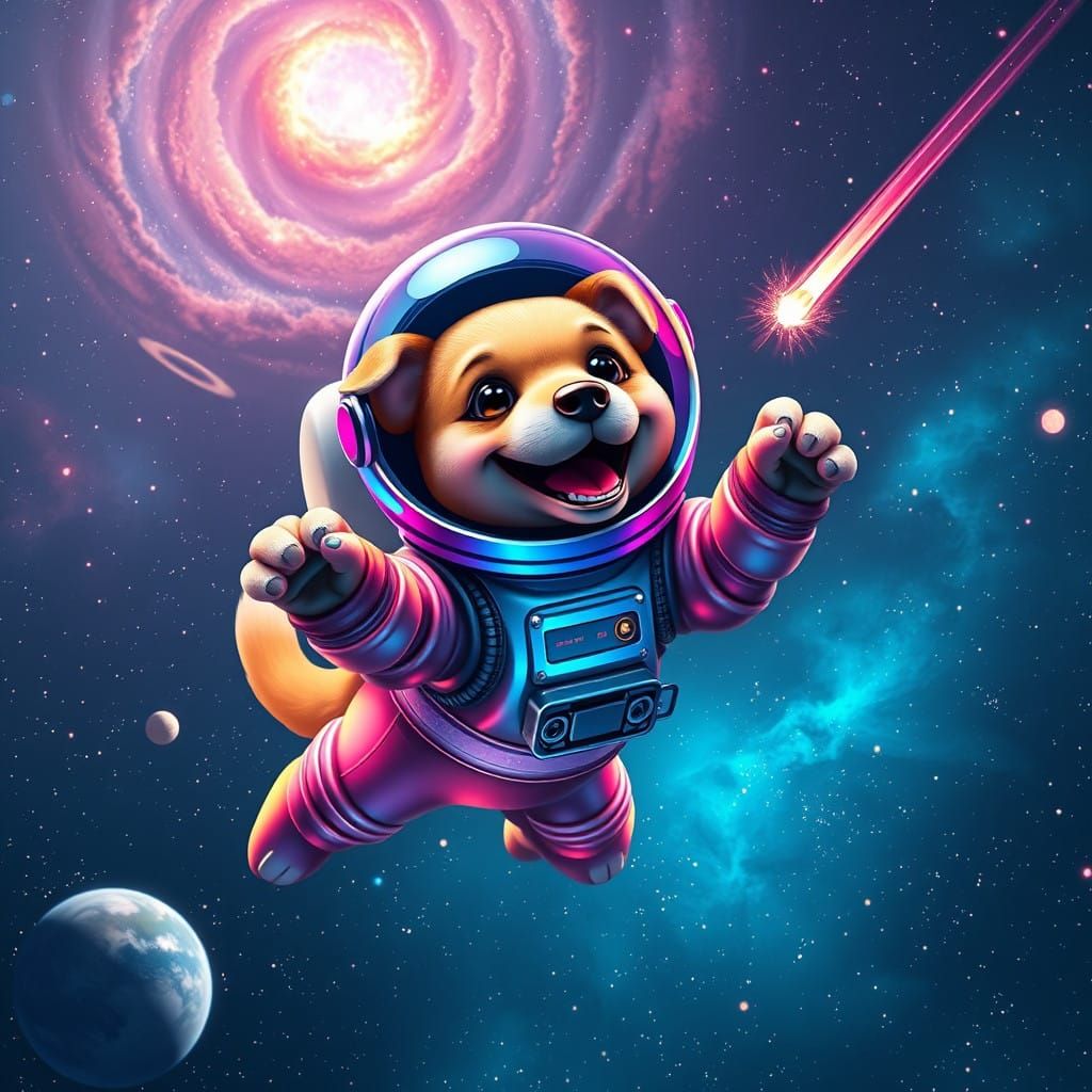 Joyful Astronaut Dog in Iridescent Spacesuit Amidst the Cosm...