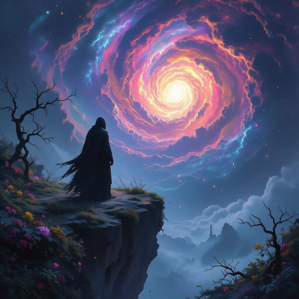 Cosmic Horror: Figure Gazing at Vortex on Floating Island