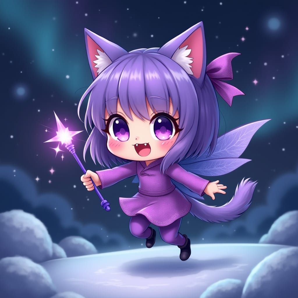 Whimsical Chibi Fairy Girl Soars Above Snowy Field