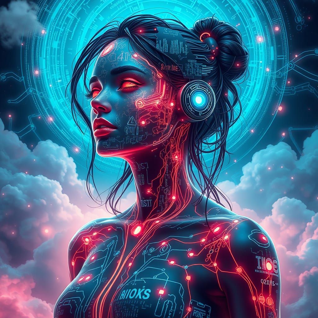 Augmented Reality Goddess in Neon Cyberpunk Aesthetic