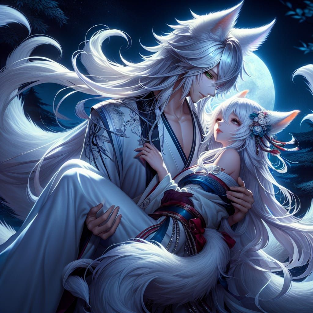 Kitsune Couple Snuggling in Moonlit Forest