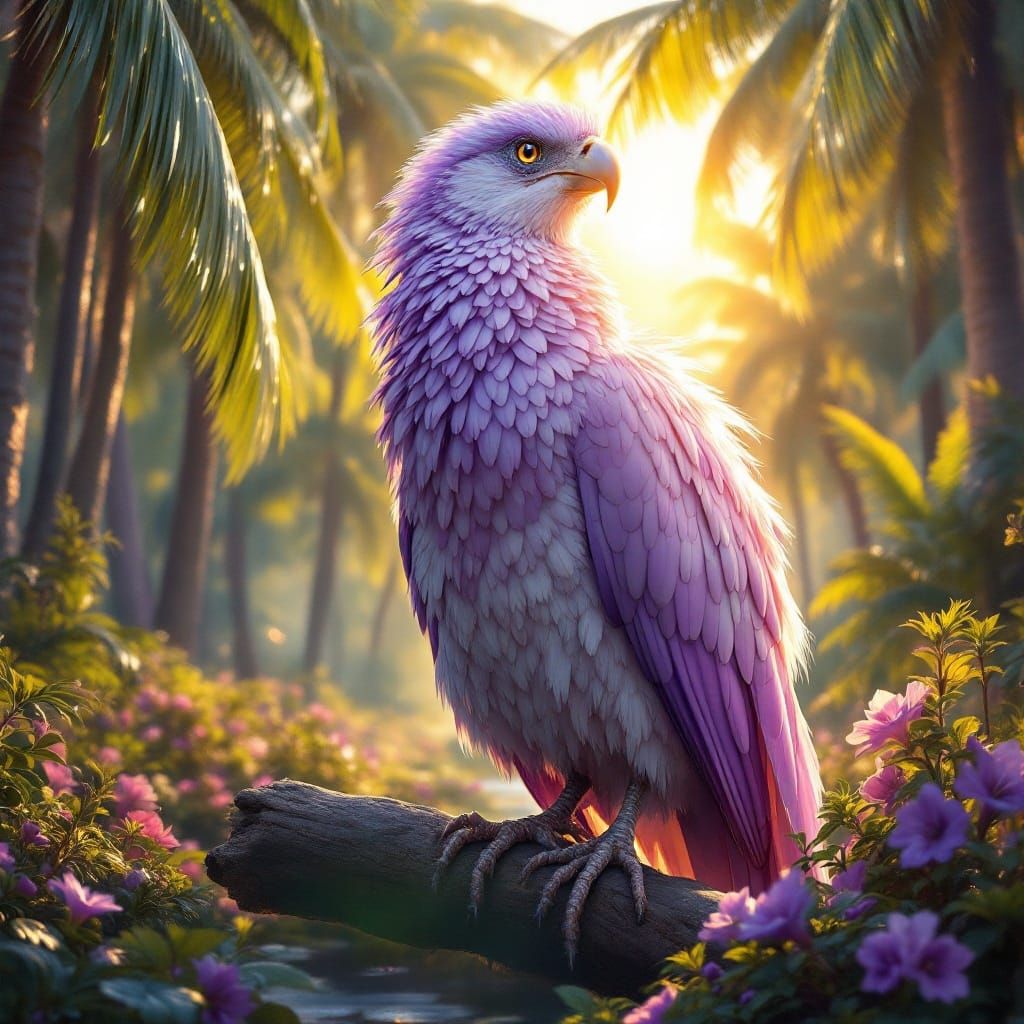 Vibrant Purple Parrot perched in a Lush Tropical Rainforest...