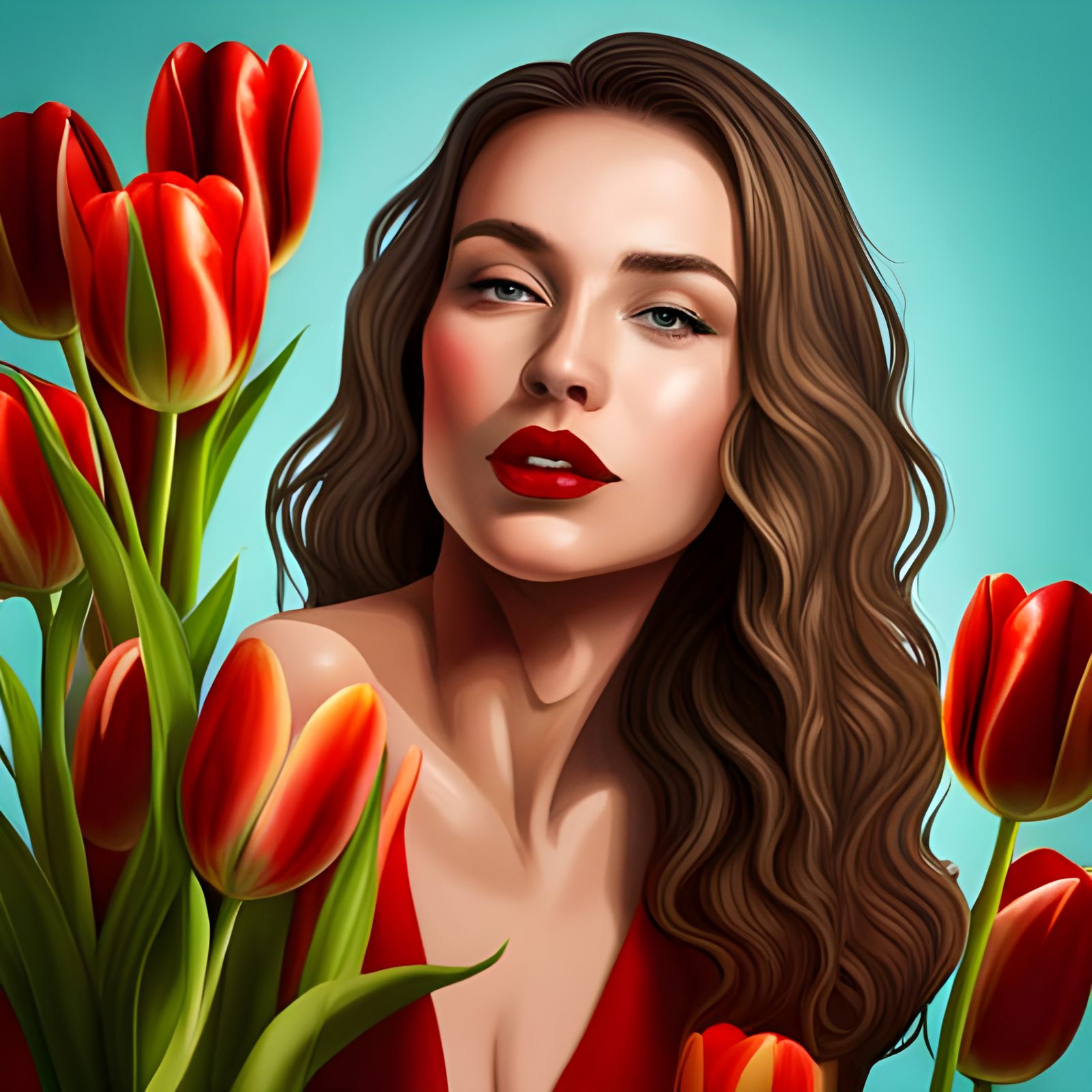 Woman in Red Dress Surrounded by Tulips