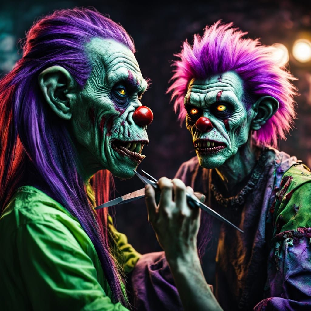 Neon Zombie Clown Monkeys: Hyperrealistic Digital Art