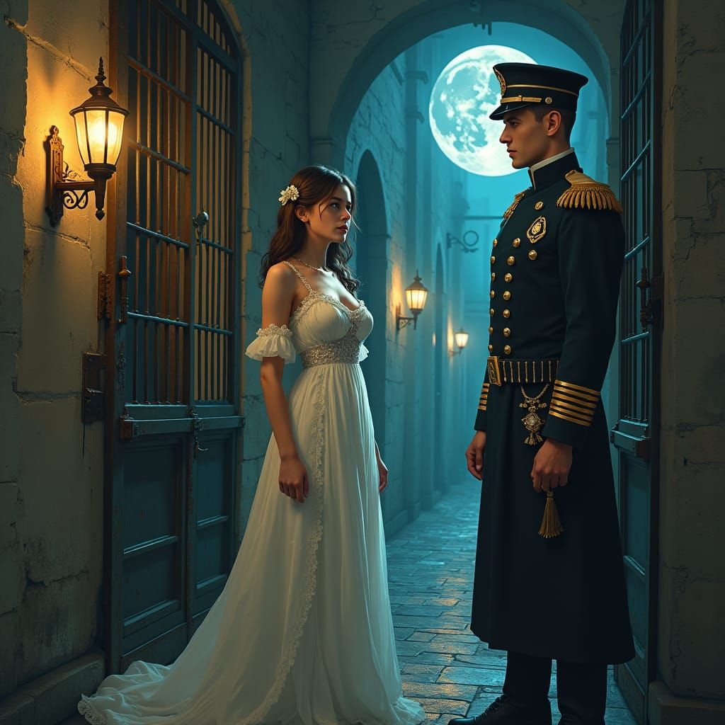 Victorian Jail Scene: Woman and Officer in Fantasy City