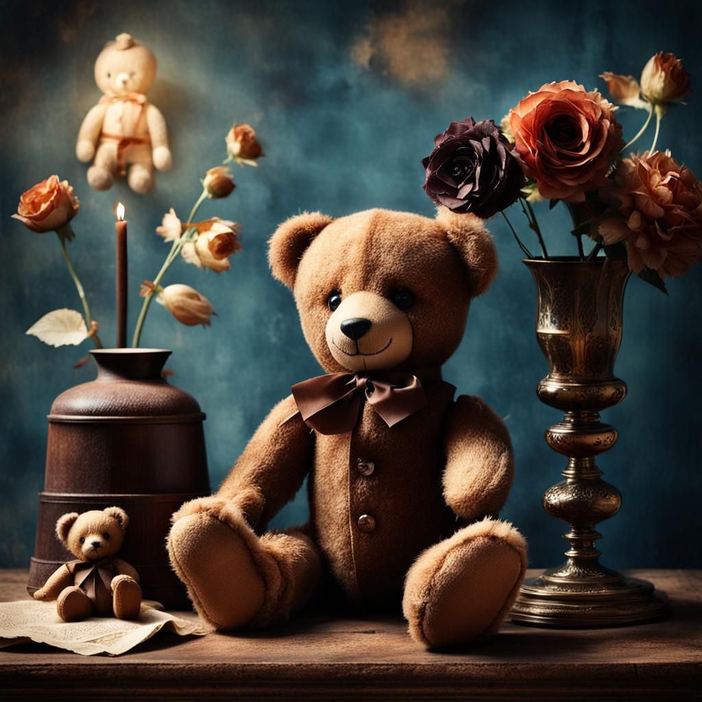 Gothic Still Life of Antique Teddy Bear