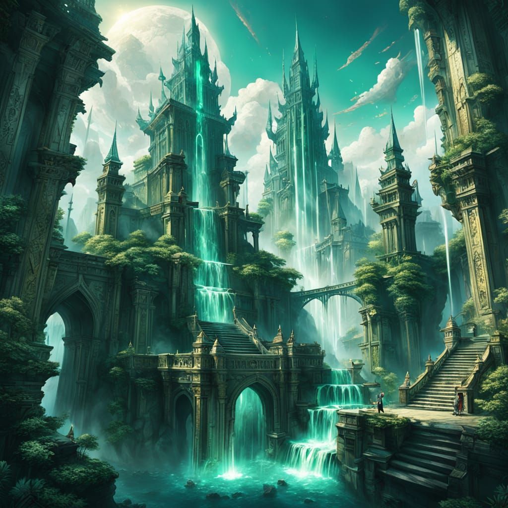 Floating Mythical City with Crystal Spires and Golden Bridge...