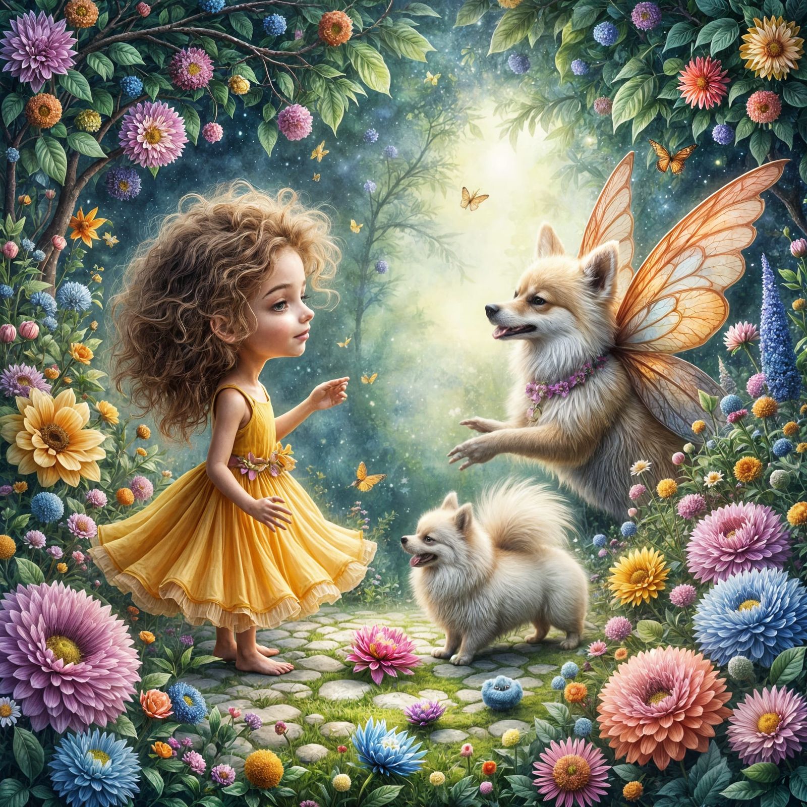 Whimsical Realistic Watercolor Portrait of a Girl and Her Po...