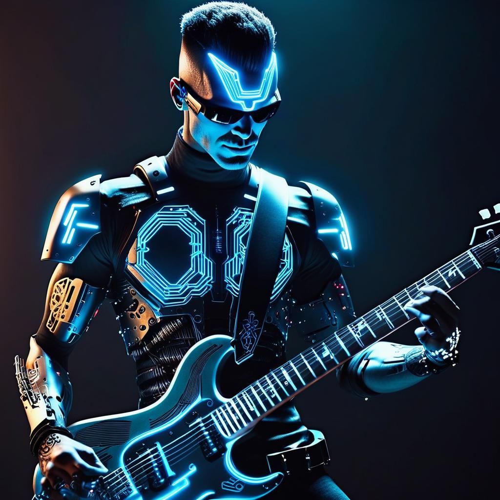 Cyberpunk Cyborg Guitarist in Cinematic Still
