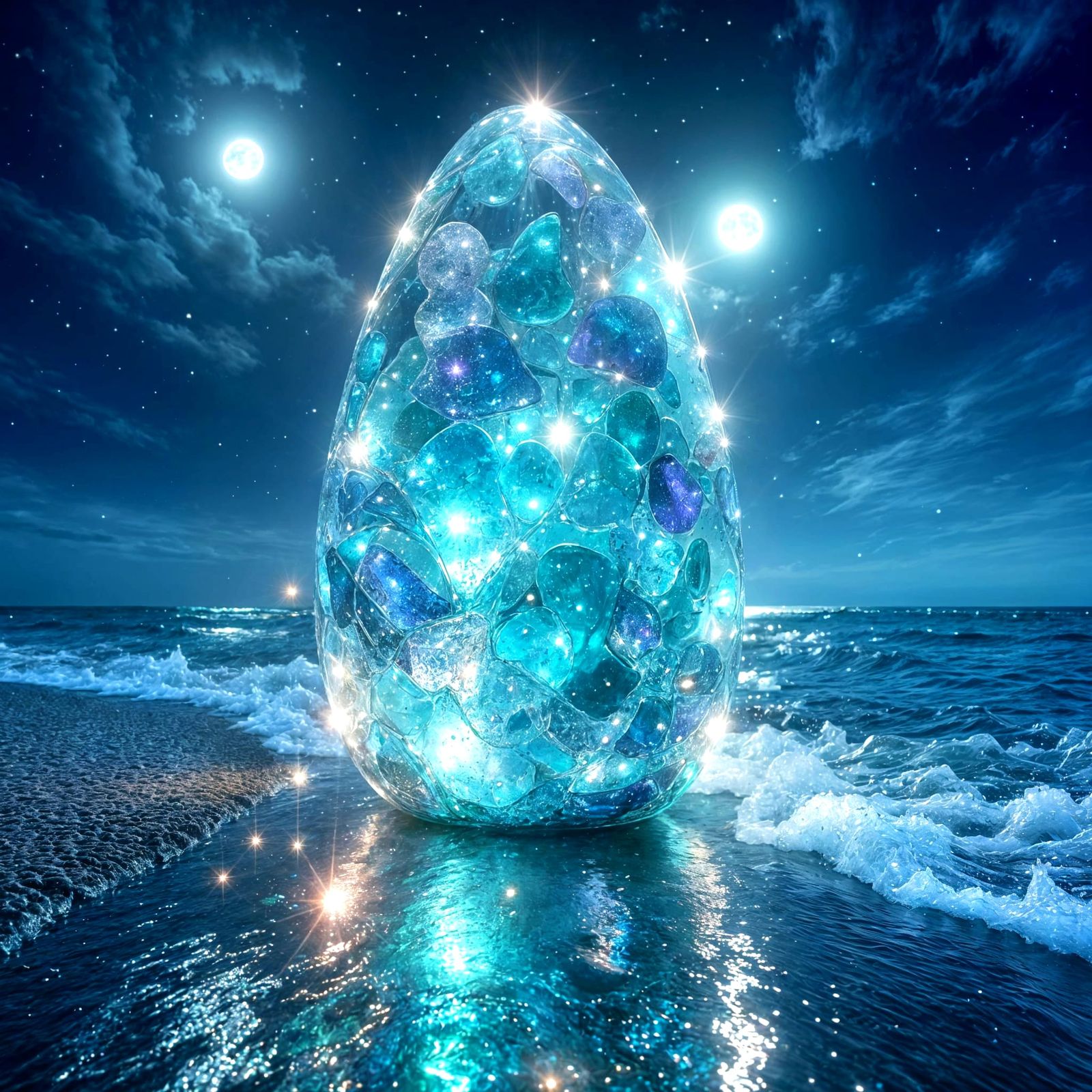 Seaglass Sculpture on Moonlit Shoreline