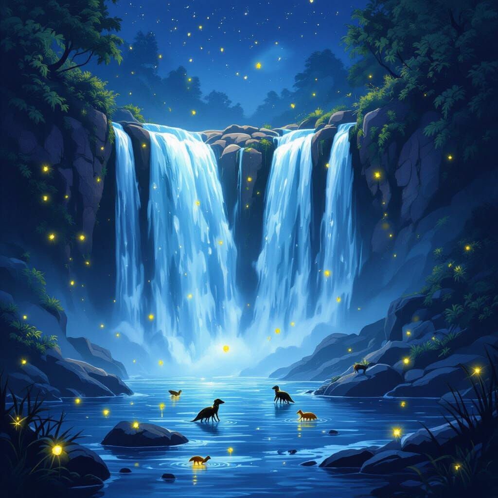 Realistic Night Waterfall with Fireflies and Animals