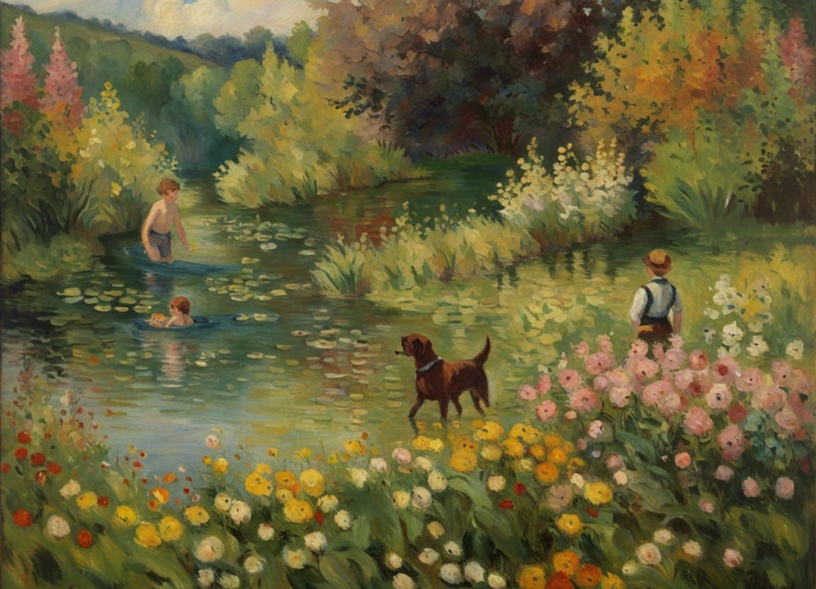 Boy and Dog Swimming: Impressionist Style Painting