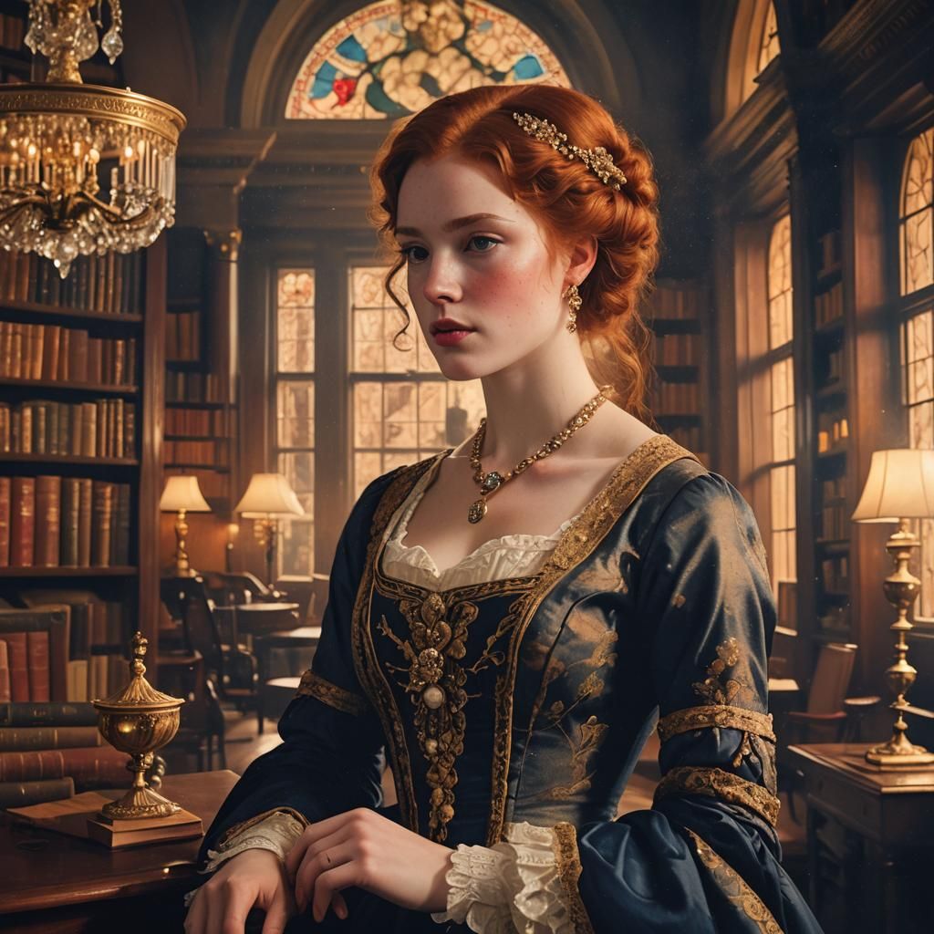 Regency Redhead in Opulent Library: Matte Painting