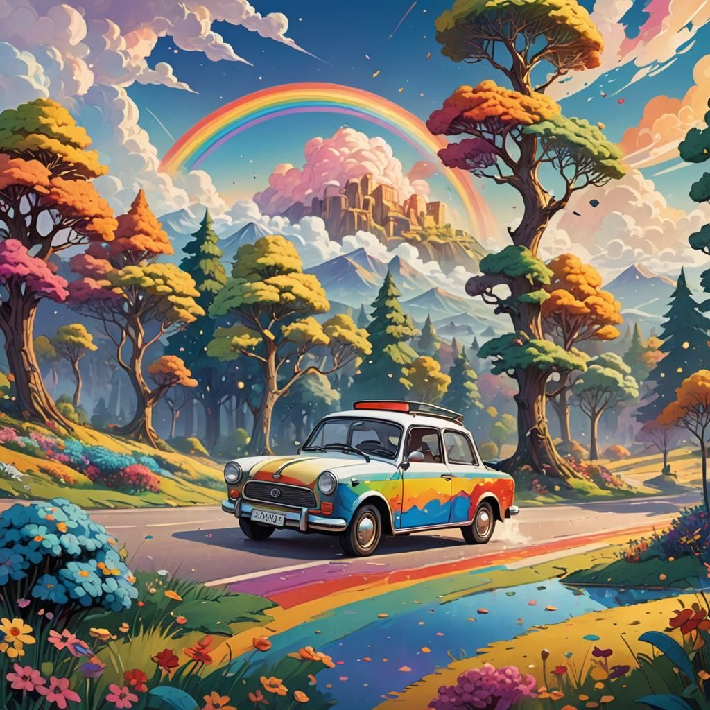 Rainbow Trabant in Dreamlike Cartoon Landscape