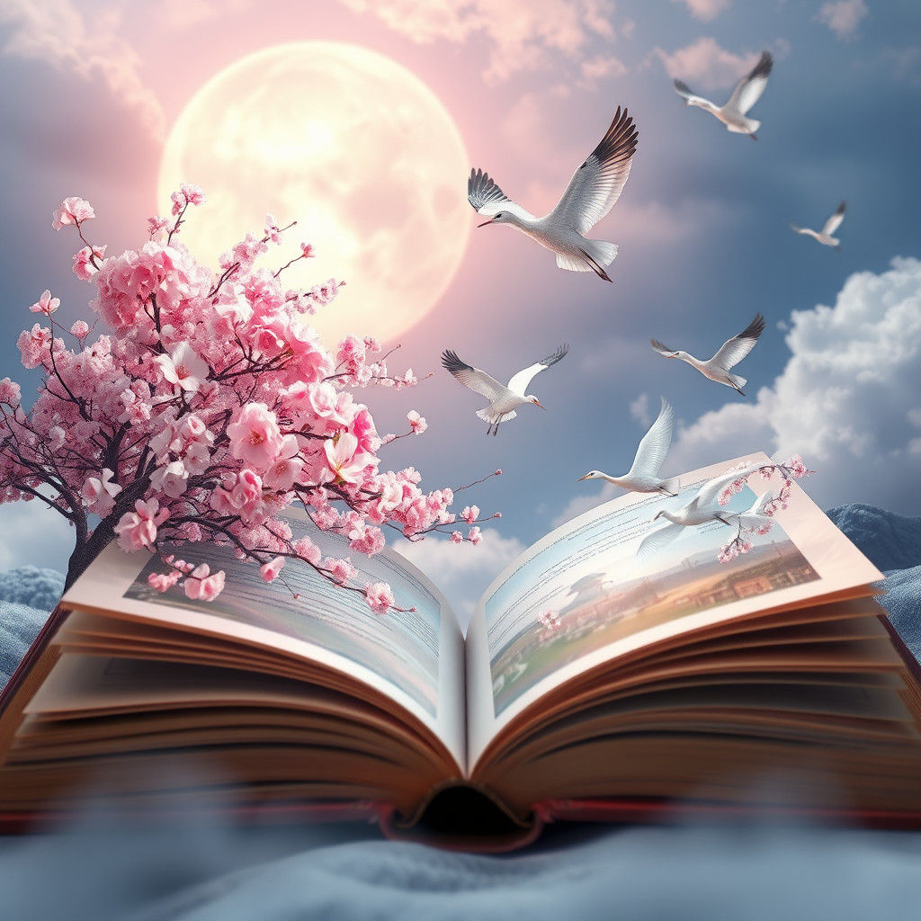 Japanese Landscape Emerges from Book: Dreamlike Digital Art