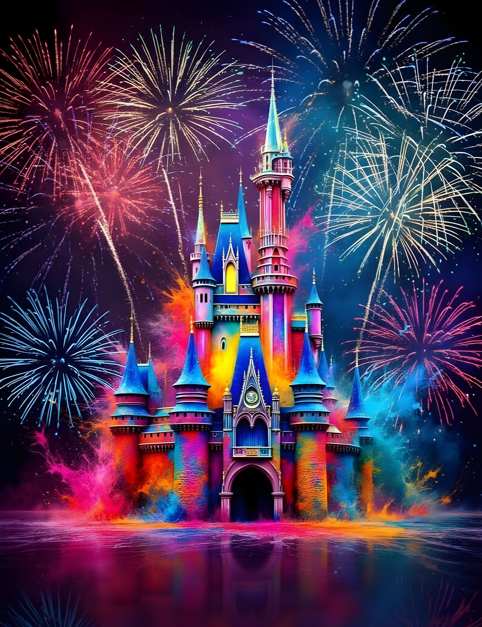 Cinderella Castle in Neon Ink Splatter Style