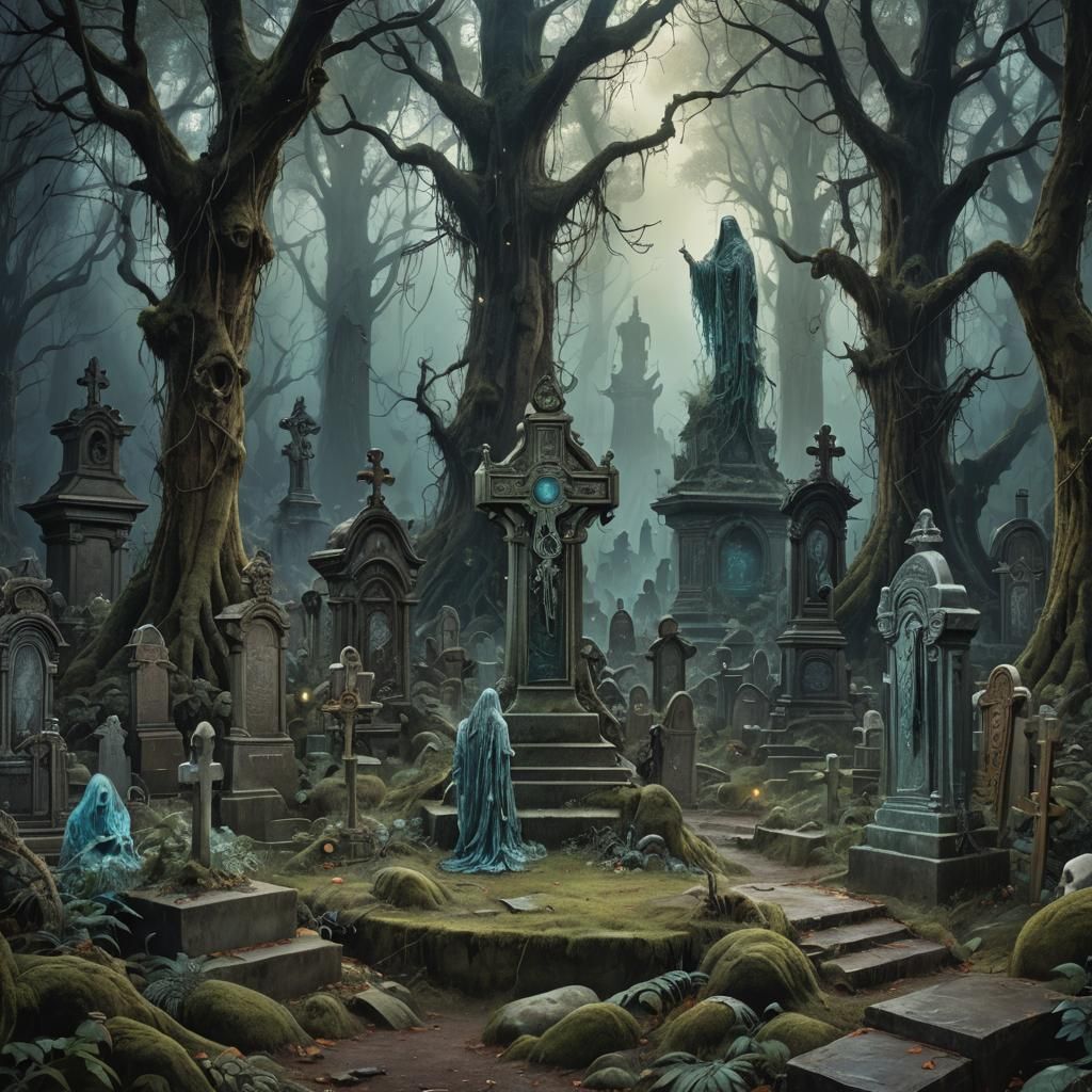 Spooky Forest Graveyard with Spectral Apparitions