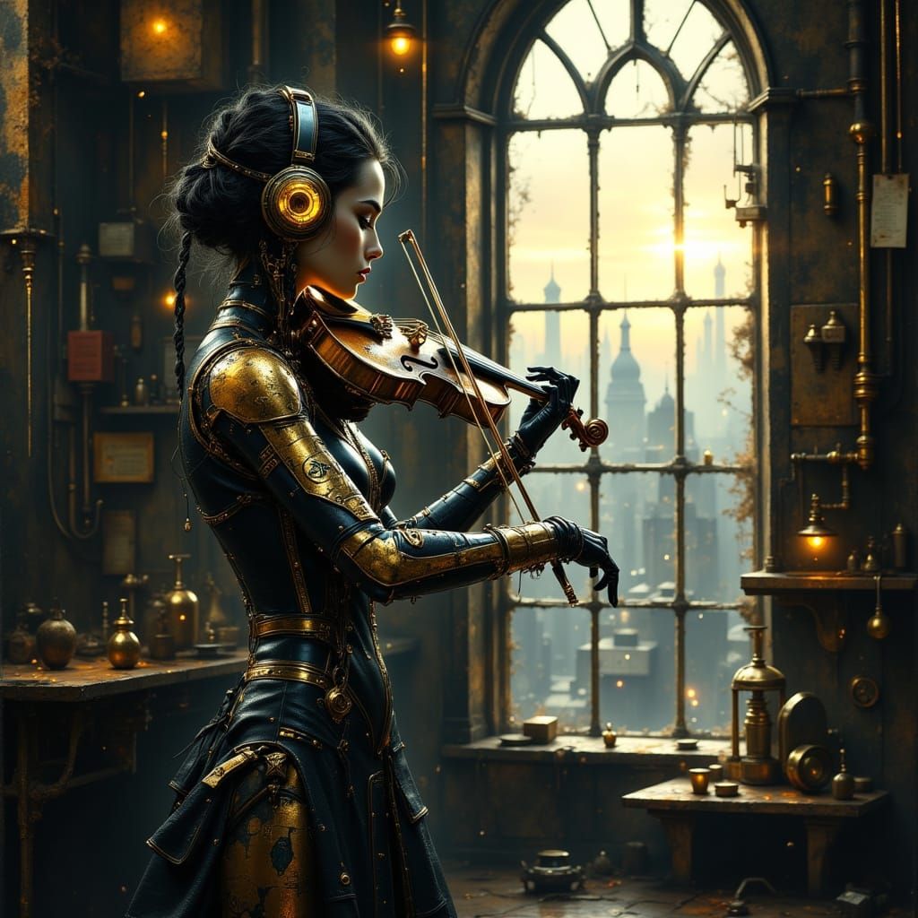 Steampunk Cyborg Violinist in Industrial Setting