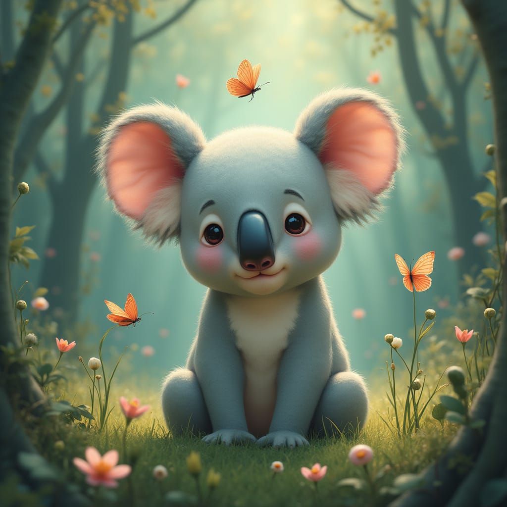 Koala with Mariposa Butterflies in Dreamy Forest