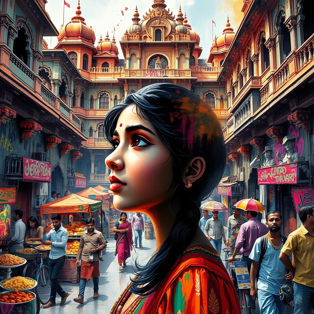 Vibrant Indian Palace Scene in Splendid Splash Art Style