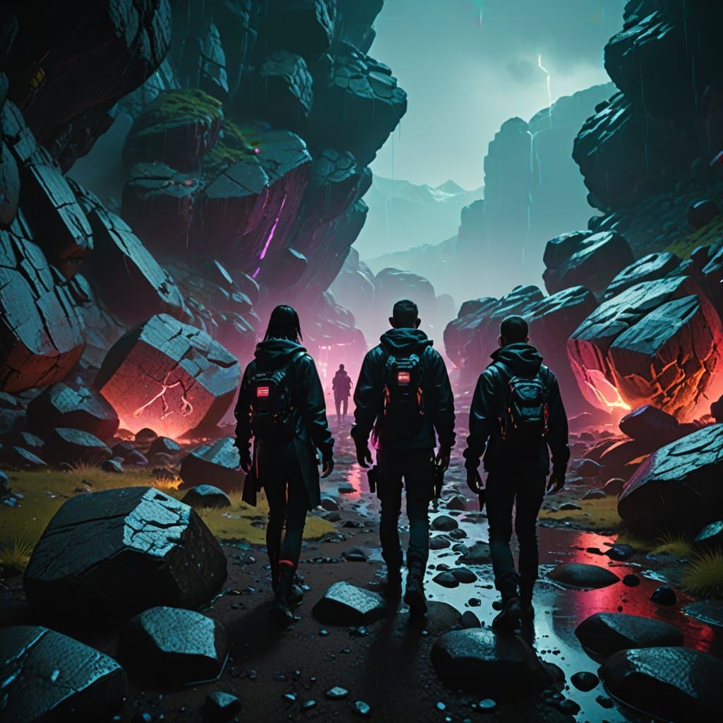 Cyberpunk Hikers Amidst Giant Boulders in Neon-Drenched Icel...