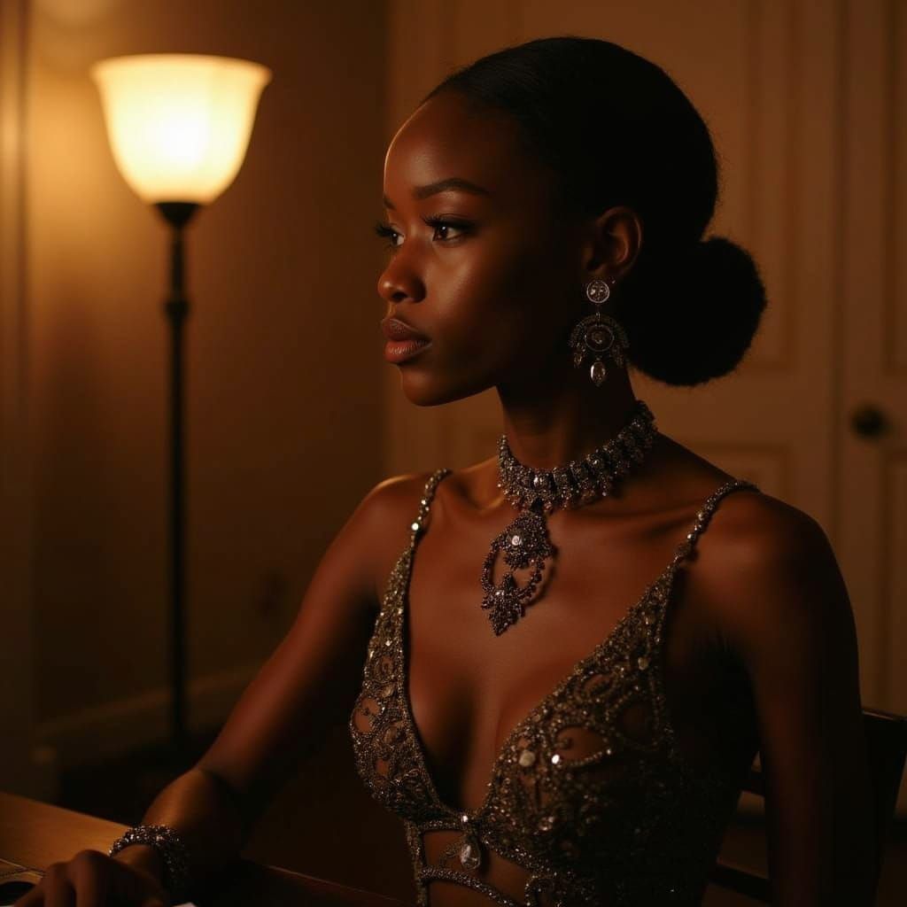 Elegant Woman at Desk: Cinematic Film Still