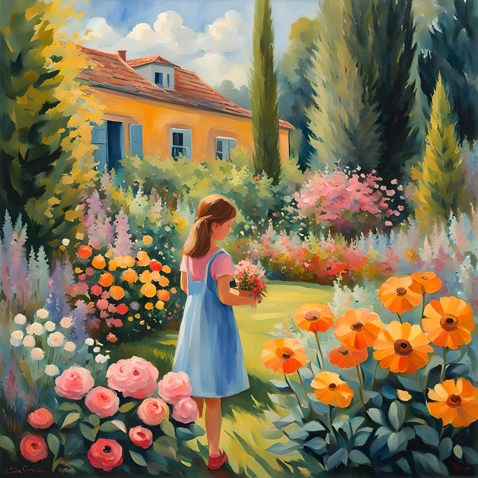 Girl and Cat in Gouache Garden