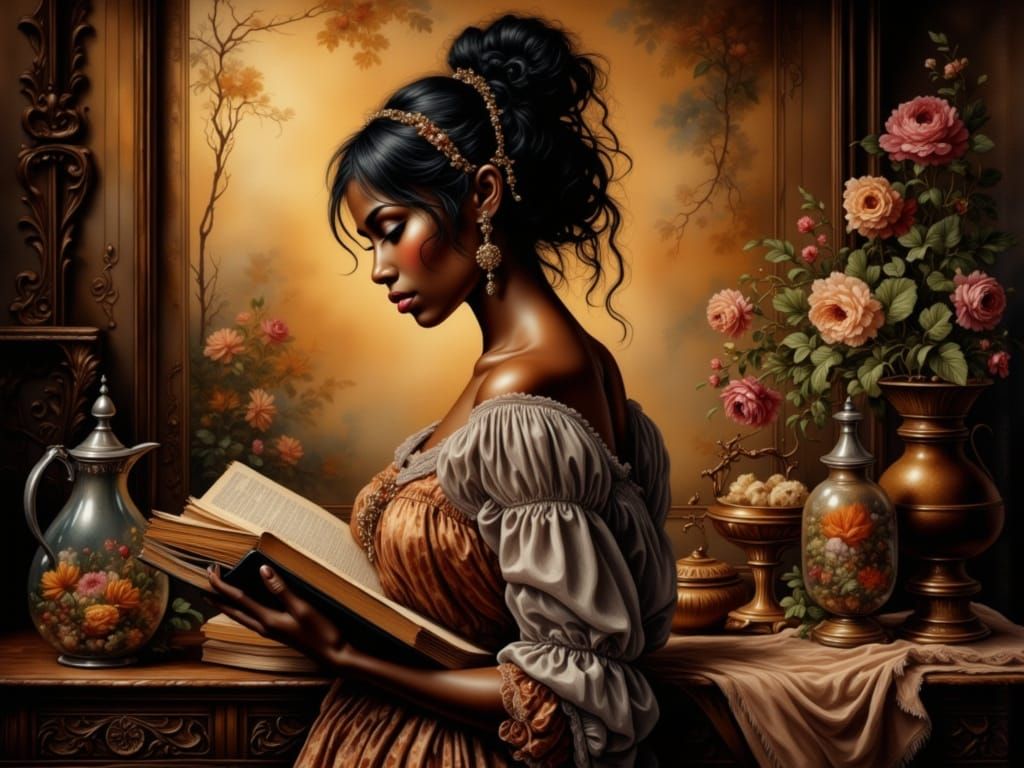 Woman Reading in Garden, Golden Age Style