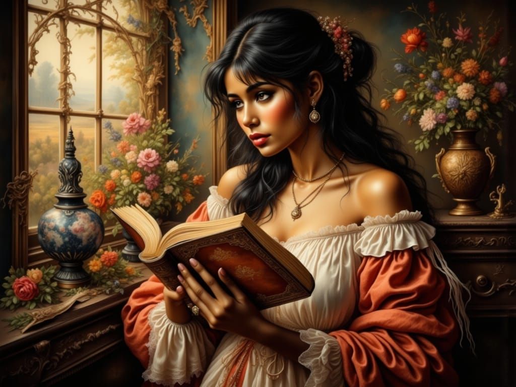 Contemplative Reader in Amber Light, Inspired by Old Masters