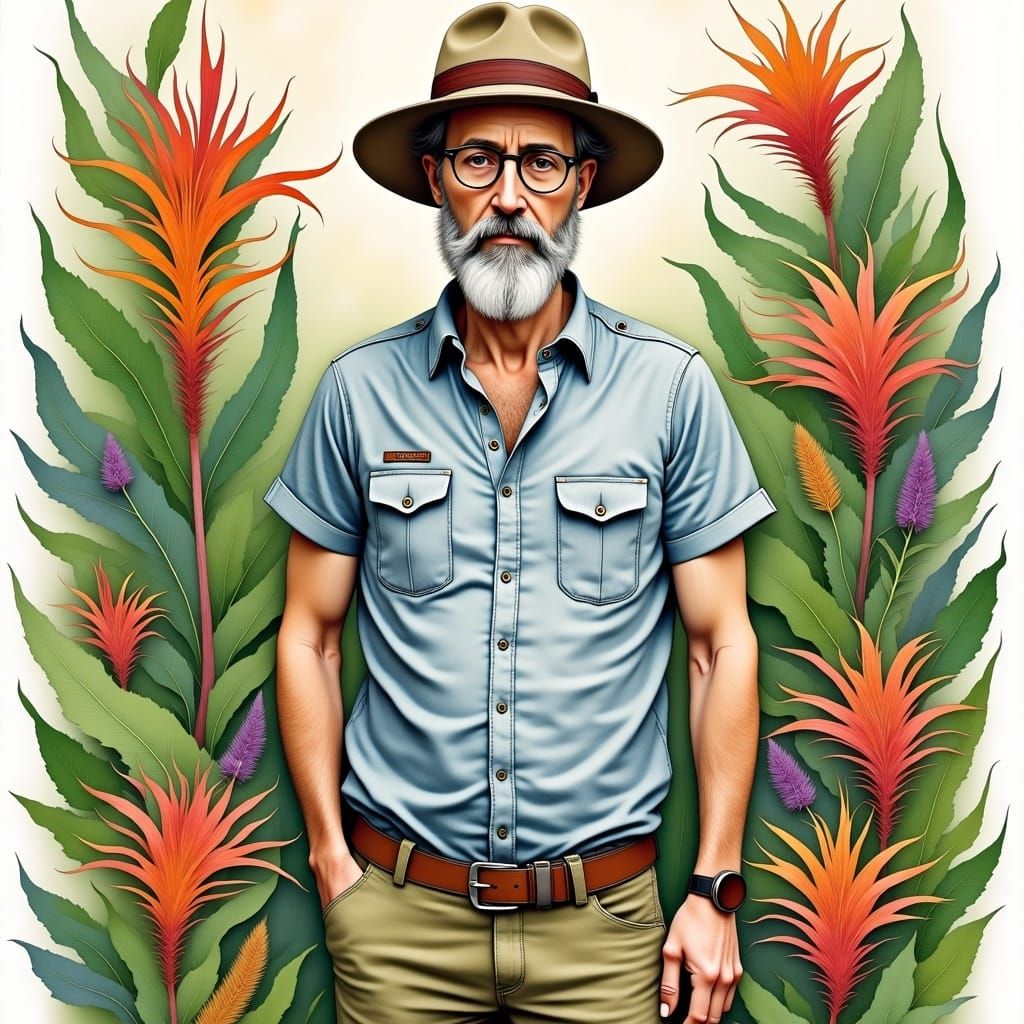 Man Photographing Bromeliads in Watercolour Style